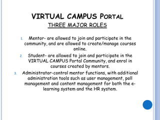 VIRTUAL CAMPUS PORTAL
                  THREE MAJOR ROLES

     1.   Mentor- are allowed to join and participate in the
        community, and are allowed to create/manage courses
                               online.
     2.   Student- are allowed to join and participate in the
          VIRTUAL CAMPUS Portal Community, and enrol in
                    courses created by mentors.
3.     Administrator-control mentor functions, with additional
         administration tools such as user management, poll
        management and content management for both the e-
                learning system and the HR system.
 