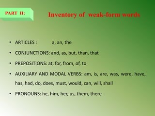 • ARTICLES : a, an, the
• CONJUNCTIONS: and, as, but, than, that
• PREPOSITIONS: at, for, from, of, to
• AUXILIARY AND MODAL VERBS: am, is, are, was, were, have,
has, had, do, does, must, would, can, will, shall
• PRONOUNS: he, him, her, us, them, there
PART II: Inventory of weak-form words
 