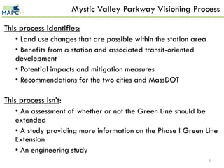 Mystic Valley Parkway Visioning Process

This process identifies:
   • Land use changes that are possible within the station area
   • Benefits from a station and associated transit-oriented
   development
   • Potential impacts and mitigation measures
   • Recommendations for the two cities and MassDOT

This process isn’t:
   • An assessment of whether or not the Green Line should be
   extended
   • A study providing more information on the Phase I Green Line
   Extension
   • An engineering study
                                                                  5
 