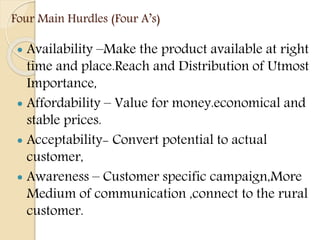 Four Main Hurdles (Four A’s)
 Availability –Make the product available at right
time and place.Reach and Distribution of Utmost
Importance,
 Affordability – Value for money.economical and
stable prices.
 Acceptability- Convert potential to actual
customer,
 Awareness – Customer specific campaign,More
Medium of communication ,connect to the rural
customer.
 