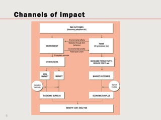 Channels of impact
                                                  R&D OUTCOMES
                                               (Assuming adoption etc)




                                                 Environmental effects
                                                 Mediated through farm             FARM
                        ENVIRONMENT                    behaviour             (Or processor etc)
                                                 Environmental benefits
                                                   Feed back to farm
                                Ecosystem services


                        OTHER USERS                                       INCREASE PRODUCTIVITY,
                                                                             REDUCE COSTS etc




                      NON
                     MARKET      MARKET                                     MARKET OUTCOMES



         Valuation                                                                                Market
         methods                                                                                  models



                      ECONOMIC SURPLUS                                      ECONOMIC SURPLUS




                                              BENEFIT COST ANALYSIS



5
 