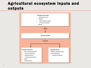 Agricultural ecosystem inputs and                                                                       1



    outputs
                                               Ecosystem service inputs
                                           •       Biological pest control
                                           •     Pollination
                                           •       Water (quantity and quality)
                                           •       Soil structure and fertility
                                           •     Nutrients


                                                               INPUTS




                                                       Agricultural systems



                                                             OUT PUTS




          Ecosystem dis-services                                                      Ecosystem services
          • Loss of biodiversity and habitat                                      • Mitigation of greenhouse gases
          •     Chemical contamination                                            • Carbon sequestration
          •    Pesticides poisoning                                               •      Landscape management
          •     Greenhouse gas emissions
          •   Salinity
          •    Watershed effects



6
 