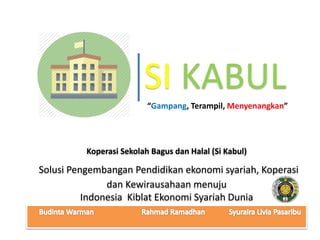 SI KABUL
Koperasi Sekolah Bagus dan Halal (Si Kabul)
Solusi Pengembangan Pendidikan ekonomi syariah, Koperasi
dan Kewirausahaan menuju
Indonesia Kiblat Ekonomi Syariah Dunia
“Gampang, Terampil, Menyenangkan”
 