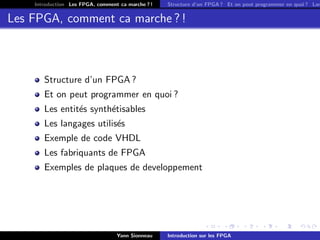 Introduction Les FPGA, comment ca marche ? !   Structure d’un FPGA ? Et on peut programmer en quoi ? Lan


Les FPGA, comment ca marche ? !



       Structure d’un FPGA ?
       Et on peut programmer en quoi ?
       Les entit´s synth´tisables
                e       e
       Les langages utilis´s
                          e
       Exemple de code VHDL
       Les fabriquants de FPGA
       Exemples de plaques de developpement




                                  Yann Sionneau    Introduction sur les FPGA
 