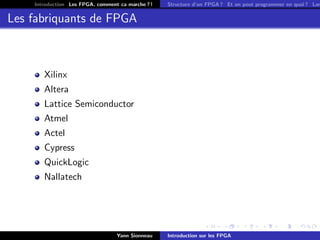 Introduction Les FPGA, comment ca marche ? !   Structure d’un FPGA ? Et on peut programmer en quoi ? Lan


Les fabriquants de FPGA



       Xilinx
       Altera
       Lattice Semiconductor
       Atmel
       Actel
       Cypress
       QuickLogic
       Nallatech




                                  Yann Sionneau    Introduction sur les FPGA
 
