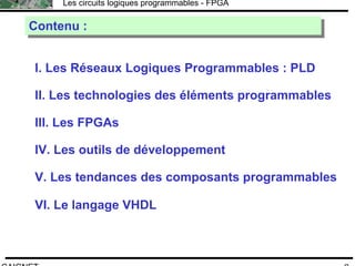 F.CAIGNET
Les circuits logiques programmables - FPGA
2
Contenu :Contenu :
I. Les Réseaux Logiques Programmables : PLD
II. Les technologies des éléments programmables
IV. Les outils de développement
III. Les FPGAs
V. Les tendances des composants programmables
VI. Le langage VHDL
 