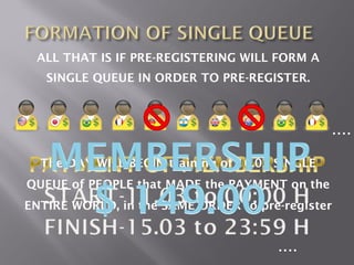 ALL THAT IS IF PRE-REGISTERING WILL FORM A
   SINGLE QUEUE IN ORDER TO PRE-REGISTER.



                                                ....

  The DAY WILL BEGIN training of 16.03 SINGLE
QUEUE of PEOPLE that MADE the PAYMENT on the
ENTIRE WORLD, in the SAME ORDER to pre-register


                                       ....
 