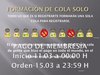 TODO LO QUE ES SI REGISTRARTE FORMARÁN UNA SOLA
             COLA PARA REGISTRARSE.




                                                    ....
El día comenzará entrenamiento de 16,03 sola cola
de gente que hizo el pago en todo el mundo, en el
          mismo orden pre-inscribirse



                                        ....
 