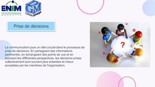Prise de décisions
La communication joue un rôle crucial dans le processus de
prise de décisions. En partageant des informations
pertinentes, en échangeant des points de vue et en
écoutant les différentes perspectives, les décisions prises
collectivement sont souvent plus éclairées et mieux
acceptées par les membres de l'organisation.
 