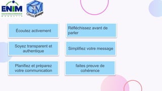 faites preuve de
cohérence
Écoutez activement
Simplifiez votre message
Réfléchissez avant de
parler
Planifiez et préparez
votre communication
Soyez transparent et
authentique
 