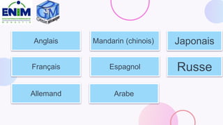Arabe
Anglais
Espagnol
Mandarin (chinois)
Allemand
Français
Japonais
Russe
 