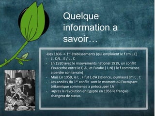 Quelque
1              information a
               savoir…
    -Des 1836 -> 1er établissements (qui emploient le f cm L.E)
    - L . D/L . E / L . C
    - En 1920 avec le mouvements national 1919, un conflit
       s’exacerbe entre le F, A , et l’arabe ( L.N) ( le f commence
       a perdre son terrain)
    - Mais En 1950, le L . F fut L.d’A (science, journaux) cm L . C
    - Les années du 1er conflit sont le moment où l’occupant
       britannique commence a préoccuper l.A
    - -Apres la révolution en Egypte en 1956 le français
       changera de status.
 