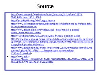 Source
•   http://www.persee.fr/web/revues/home/prescript/article/caief_0571-
    5865_2004_num_56_1_1528
•   http://en.wikipedia.org/wiki/Lingua_franca
•   http://www.ciep.fr/bibliographie/bibliographie-enseignement-du-francais-dans-
    les-pays-arabophones.pdf
•   http://www.dailymotion.com/video/x3kijo_mots-francais-d-origine-
    arabe_news#.UPHB2c1HOSM
•   http://fr.wiktionary.org/wiki/Annexe:Mots_français_d'origine_arabe
•   http://www.google.com.eg/imgres?imgurl=http://courseware.nus.edu.sg/cyberd
    upont/school/verpro/se%2520tromper.png&imgrefurl=http://courseware.nus.ed
    u.sg/cyberdupont/school/verpro
•   http://www.google.com.eg/imgres?imgurl=http://dailynewsegypt.com/beta/wp-
    content/uploads/2012/10/7-1-2-hazerat-kodes-ramsesbefore-
    1950.jpg&imgrefurl=
•   http://www.bahai-
    egypt.org/&usg=__Y1IWY7Ks9JLAw2KcOZGQfO2O4LM=&h=368&w=571&sz=47&
    hl=en&start=97&sig2=AaGo-XIyZZofx8Tkp-
 