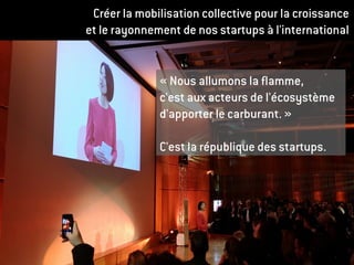 Créer la mobilisation collective pour la croissance
et le rayonnement de nos startups à l'international
« Nous allumons la flamme,
c'est aux acteurs de l'écosystème
d'apporter le carburant. »
C'est la république des startups.
 