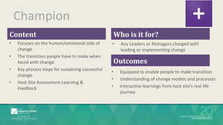 Content
• Focuses on the human/emotional side of
change
• The transition people have to make when
faced with change
• Key process steps for sustaining successful
change.
• Host Site Assessment Learning &
Feedback
Who is it for?
• Any Leaders or Managers charged with
leading or implementing change
Outcomes
• Equipped to enable people to make transition
• Understanding of change models and processes
• Interactive learnings from host site’s real life
journey
Champion
 