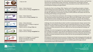 4 days - 2 days classroom
2 days on-site at a Shingo recognised site
Provides the ‘How’ to the Shingo ‘Why’. Explores each of the guiding principles to deepen
understanding and practical application. Introduces a systemic approach through which to
view an organisation. Structures the learning allowing delegates to explore the workplace
through the application of assessment exercises to both synthesise and analyse the host site
presenting back findings and opportunities.
3 days - 2 days classroom
1 days on-site at Shingo ‘journey’ site
Focuses on the ‘behavioural’ and human side of change, increasing awareness of how to manage
the emotional transition individuals have to make when faced with change. Looks at the key
steps required to ensure change is both effective and sustained. Structures the learning to
provide assessment exercises within the host site presenting back findings and opportunities.
4 days - 2 days classroom
Masterclass with 2-3 Shingo recognised
company leaders
2 days on-site at a Shingo Prize site
Challenges the role of leadership in today’s world of constant dynamic change. Assesses how
leadership is a key influencer of culture and how leadership behaviours are used to engage
‘followers’. Deepens understanding of the ‘higher level’ systems of leadership. Structures the
learning to provide assessment exercises within the host site presenting back findings and
opportunities.
4 days - 2 days classroom
2 days on-site at a Shingo recognised site
Challenges the role of management in today’s high pressured results driven environment and
how managers must balance this with the development of people. Deepen understanding of
the approaches to facilitate collaboration and teamwork across the enterprise. Structures the
learning to provide assessment exercises within the host site presenting back findings and
opportunities.
Cohorts 10-12 delegates, 1-5 companies
20 days covering ALL workshops
10 days assessment training
Certification
Development of individual internal assessors. Background of understating gained through suite
of workshops along with practical assessment training. Cohort sites interchange to provide live
environments for training and development. Accreditation gained through practical
demonstration and on-line examination.
2 days on-site Introduction to the Shingo model. The relationship between Principles, Systems and Tools that
represent the transformation model. Awareness and importance of principles and their
consequences. Structures the learning to provide assessment exercises within the host site
presenting back findings and opportunities.
 