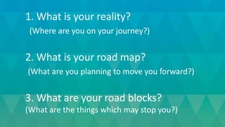 1. What is your reality?
(Where are you on your journey?)
2. What is your road map?
(What are you planning to move you forward?)
3. What are your road blocks?
(What are the things which may stop you?)
 