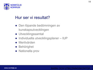 Hur ser vi resultat? Den löpande bedömningen av  kunskapsutvecklingen Utvecklingssamtal Individuella utvecklingsplaner – IUP Meritvärden Behörighet Nationella prov 