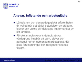 Ansvar, inflytande och arbetsglädje Läroplanen och den pedagogiska erfarenheten är tydliga när det gäller betydelsen av att barn, elever och vuxna blir delaktiga i utformandet av sitt lärande. Förskolan och skolans demokratiska värdegrund innebär att barn, elever och personal har en gemensam arbetsplats, där allas förutsättningar och rättigheter ska tas tillvara.  