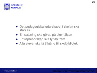 Det pedagogiska ledarskapet i skolan ska stärkas En satsning ska göras på elevhälsan Entreprenörskap ska lyftas fram Alla elever ska få tillgång till skolbibliotek 