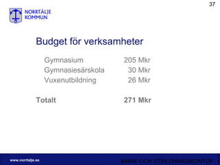 Budget för verksamheter Gymnasium 205 Mkr Gymnasiesärskola   30 Mkr Vuxenutbildning   26 Mkr  Totalt 271 Mkr 