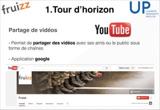 1.Tour d’horizon
Partage de vidéos !
!
- Permet de partager des vidéos avec ses amis ou le public sous
forme de chaînes
!
- Application google
 