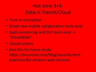 Hot zone 3+4: 
Data in Transit/Cloud 
• Trust in encryption 
• Great new mobile collaboration tools exist 
• SaaS monitoring and DLP tools exist -> 
”CloudWalls” 
• Cloudcrypters 
• And this for home study: 
https://securosis.com/blog/security-best-practices- 
for-amazon-web-services 
 