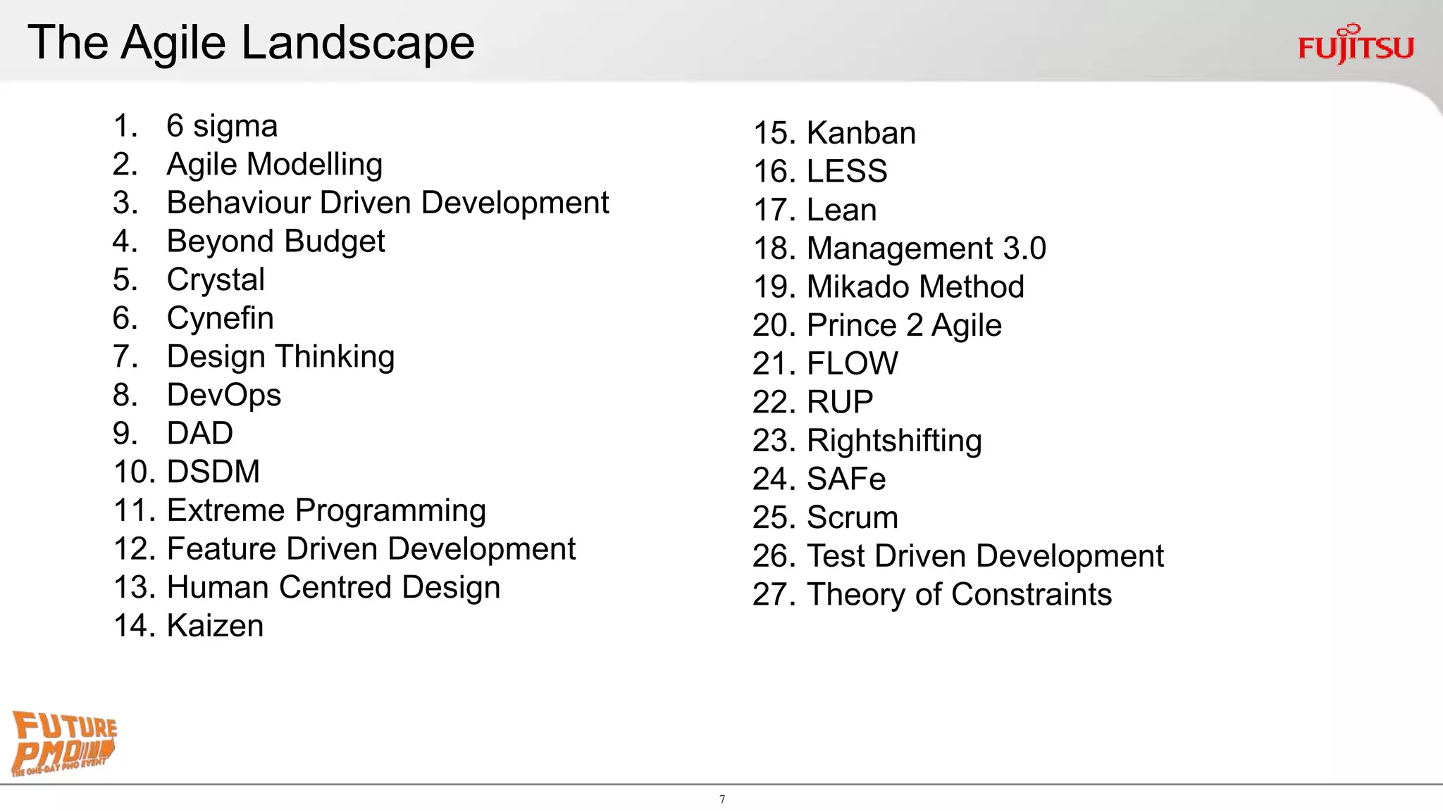 7
1. 6 sigma
2. Agile Modelling
3. Behaviour Driven Development
4. Beyond Budget
5. Crystal
6. Cynefin
7. Design Thinking
8. DevOps
9. DAD
10. DSDM
11. Extreme Programming
12. Feature Driven Development
13. Human Centred Design
14. Kaizen
The Agile Landscape
15. Kanban
16. LESS
17. Lean
18. Management 3.0
19. Mikado Method
20. Prince 2 Agile
21. FLOW
22. RUP
23. Rightshifting
24. SAFe
25. Scrum
26. Test Driven Development
27. Theory of Constraints
 