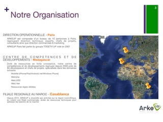 +                                                                             3

     Notre Organisation

DIRECTION OPERATIONNELLE - Paris
  ARKEUP est composée d’un bureau de 10 personnes à Paris,
  regroupant direction technique, experts, chefs de projets,
  consultants ainsi que direction commerciale & marketing
  ARKEUP Paris fait partie du groupe TOGETH’UP créé en 2001
  


CENTRE DE COMPETENCES                                         ET     DE
DEVELOPPEMENTS - Madagascar
  Doté de ressources en forte croissance, notre centre de
  compétences et de développements regroupe depuis 2009 près de
  80 développeurs et chefs de projets, spécialisés dans les domaines
  suivants:
      Mobilité (iPhone/iPad/Android/.net/Windows Phone)
      Web/php
      Web/J2EE
      Web/.Net
      Ressources régies dédiées


FILIALE REGIONALE AU MAROC - Casablanca
  Depuis 2012, ARKEUP a diversiﬁé ses activités sur la région nord-Afrique,
  en créant une ﬁliale commerciale, dotée de ressources techniques pour
  adresser les besoins de ce marché
 