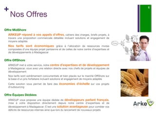 +                                                                                         6

    Nos Oﬀres
Oﬀre MidShore
  ARKEUP répond à vos appels d’oﬀres, cahiers des charges, briefs projets, à
  travers une proposition commerciale détaillée incluant solutions et engagement de
  moyens adaptés
  Nos tarifs sont économiques grâce à l’allocation de ressources mixtes
  composées d’une équipe projet parisienne et de celles de notre centre d’expertises et
  de développements à Madagascar


Oﬀre OﬀShore
  ARKEUP met à votre service, notre centre d’expertises et de développement
  à Madagascar, vous avez une relation directe avec nos chefs de projets et équipes de
  développement
  Nos tarifs sont extrêmement concurrentiels et bien placés sur le marché OﬀShore sur
  la base d’un prix forfaitaire incluant solutions et engagement de moyens adaptés
  Cette solution vous permet de faire des économies d’échelle sur vos projets
  d’outsourcing


Oﬀre Équipes Dédiées
  ARKEUP vous propose une équipe dédiée de développeurs parlant français,
  mise à votre disposition directement depuis notre centre d’expertises et de
  développement à Madagascar. C’est une solution avantageuse pour combler vos
  déﬁcits de ressources internes ainsi que lors du lancement de nouveaux projets
 