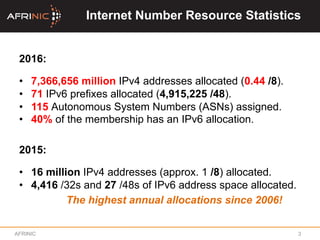 Internet Number Resource Statistics
2016:
•  7,366,656 million IPv4 addresses allocated (0.44 /8).
•  71 IPv6 prefixes allocated (4,915,225 /48).
•  115 Autonomous System Numbers (ASNs) assigned.
•  40% of the membership has an IPv6 allocation.
2015:
•  16 million IPv4 addresses (approx. 1 /8) allocated.
•  4,416 /32s and 27 /48s of IPv6 address space allocated.
The highest annual allocations since 2006!
AFRINIC 3
 