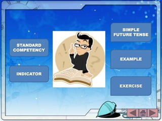 SIMPLE
             FUTURE TENSE

 STANDARD
COMPETENCY

               EXAMPLE


 INDICATOR


               EXERCISE
 