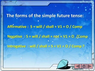 The forms of the simple future tense:

Affirmative : S + will / shall + V1 + O / Comp

Negative : S + will / shall + not + V1 + O /Comp

Introgative : will / shall + S + V1 + O / Comp ?
 
