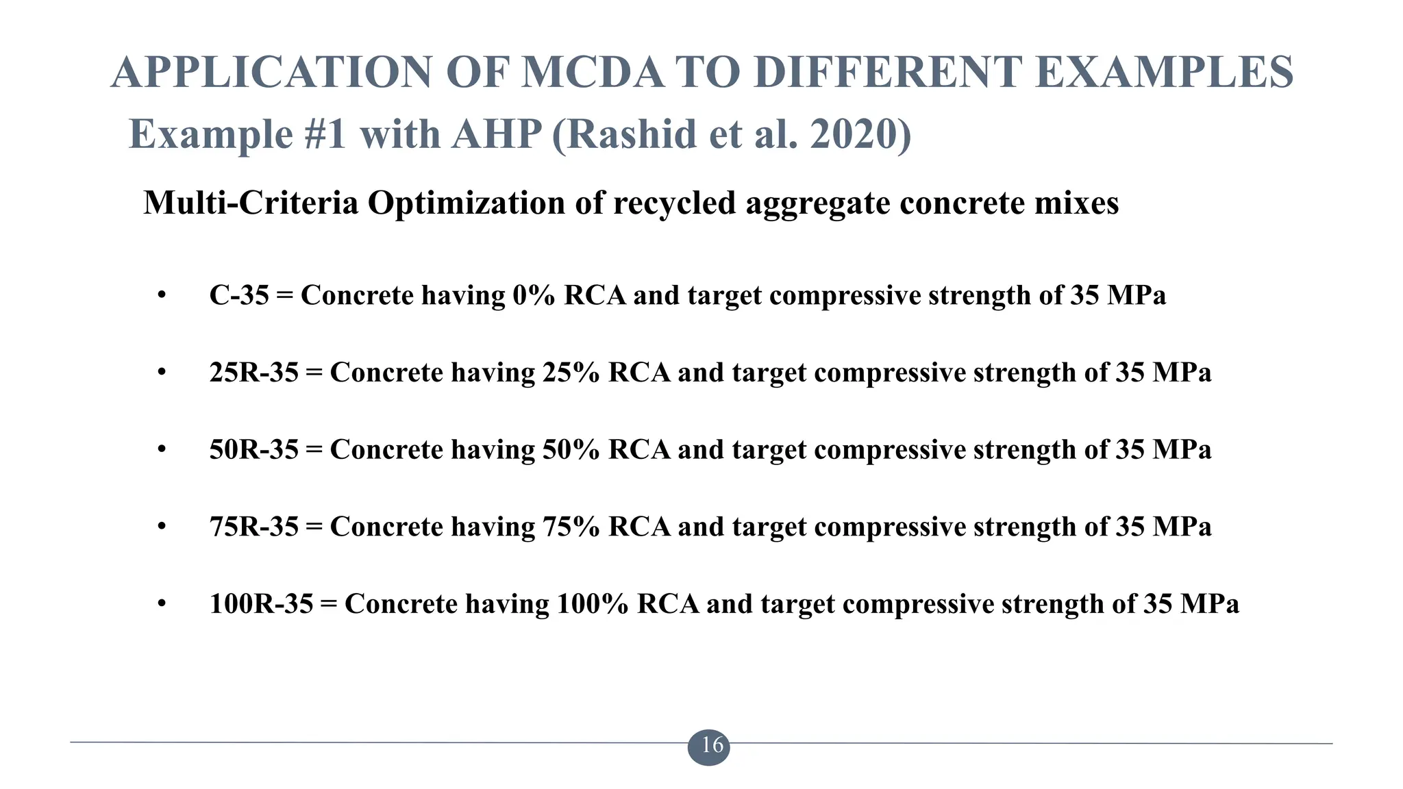APPLICATION OF MCDA TO DIFFERENT EXAMPLES
• C-35 = Concrete having 0% RCA and target compressive strength of 35 MPa
• 25R-35 = Concrete having 25% RCA and target compressive strength of 35 MPa
• 50R-35 = Concrete having 50% RCA and target compressive strength of 35 MPa
• 75R-35 = Concrete having 75% RCA and target compressive strength of 35 MPa
• 100R-35 = Concrete having 100% RCA and target compressive strength of 35 MPa
16
Example #1 with AHP (Rashid et al. 2020)
Multi-Criteria Optimization of recycled aggregate concrete mixes
 