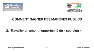 COMMENT GAGNER DES MARCHES PUBLICS
!11
FORMATION &
ACCOMPAGNEMENT
Petit déjeuner à thème
2. Travailler en amont , opportunité du « sourcing »
mardi 29 MAI 2018
 