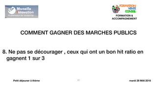 COMMENT GAGNER DES MARCHES PUBLICS
!17
FORMATION &
ACCOMPAGNEMENT
Petit déjeuner à thème
8. Ne pas se décourager , ceux qui ont un bon hit ratio en
gagnent 1 sur 3
mardi 29 MAI 2018
 