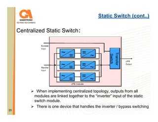 Static Switch (cont..)

Centralized Static Switch:

When implementing centralized topology, outputs from all
modules are linked together to the “inverter” input of the static
switch module.
There is one device that handles the inverter / bypass switching
20

 