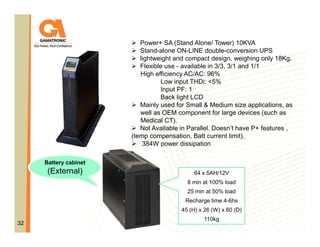 Power+ SA (Stand Alone/ Tower) 10KVA
Stand-alone ON-LINE double-conversion UPS
lightweight and compact design, weighing only 18Kg.
Flexible use - available in 3/3, 3/1 and 1/1
High efficiency AC/AC: 96%
Low input THDi: <5%
Input PF: 1
Back light LCD
Mainly used for Small & Medium size applications, as
well as OEM component for large devices (such as
Medical CT).
Not Available in Parallel. Doesn’t have P+ features ,
(temp compensation, Batt current limit).
384W power dissipation
Battery cabinet

(External)

64 x 5AH/12V
8 min at 100% load
25 min at 50% load
Recharge time 4-6hs
45 (H) x 26 (W) x 60 (D)

32

110kg

 