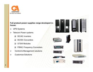 Full product power supplies range developed inhouse:
UPS Systems
Telecom Power systems
DC/AC inverters
DC/DC Converters
STSW Modules
FRNC/ Frequency Converters
Control & Management solutions
Customize Solutions

4

 
