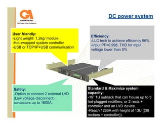 DC power system

User friendly:
-Light weight: 1,2kg/ module
-Hot swapped system controller
-USB or TCP/IP+USB communication

Safety:
-Option to connect 2 external LVD
(Low voltage disconnect)
contactors up to 1600A.

Efficiency:
-LLC tech to achieve efficiency 96%.
-Input PF=0.998, THD for input
voltage lower than 5%

Standard & Maximize system
capacity:
-19” 1U subrack that can house up to 3
hot-plugged rectifiers, or 2 rects +
controller and an LVD device.
-Reach 1266A with height of 13U ((38
rectiers + controller)).

 