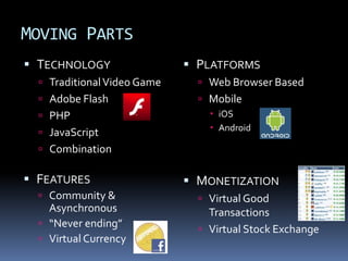 MOVING PARTS
 TECHNOLOGY                  PLATFORMS
   Traditional Video Game      Web Browser Based
   Adobe Flash                 Mobile
   PHP                           iOS
                                  Android
   JavaScript
   Combination

 FEATURES                    MONETIZATION
   Community &                 Virtual Good
    Asynchronous                 Transactions
   “Never ending”
                                Virtual Stock Exchange
   Virtual Currency
 