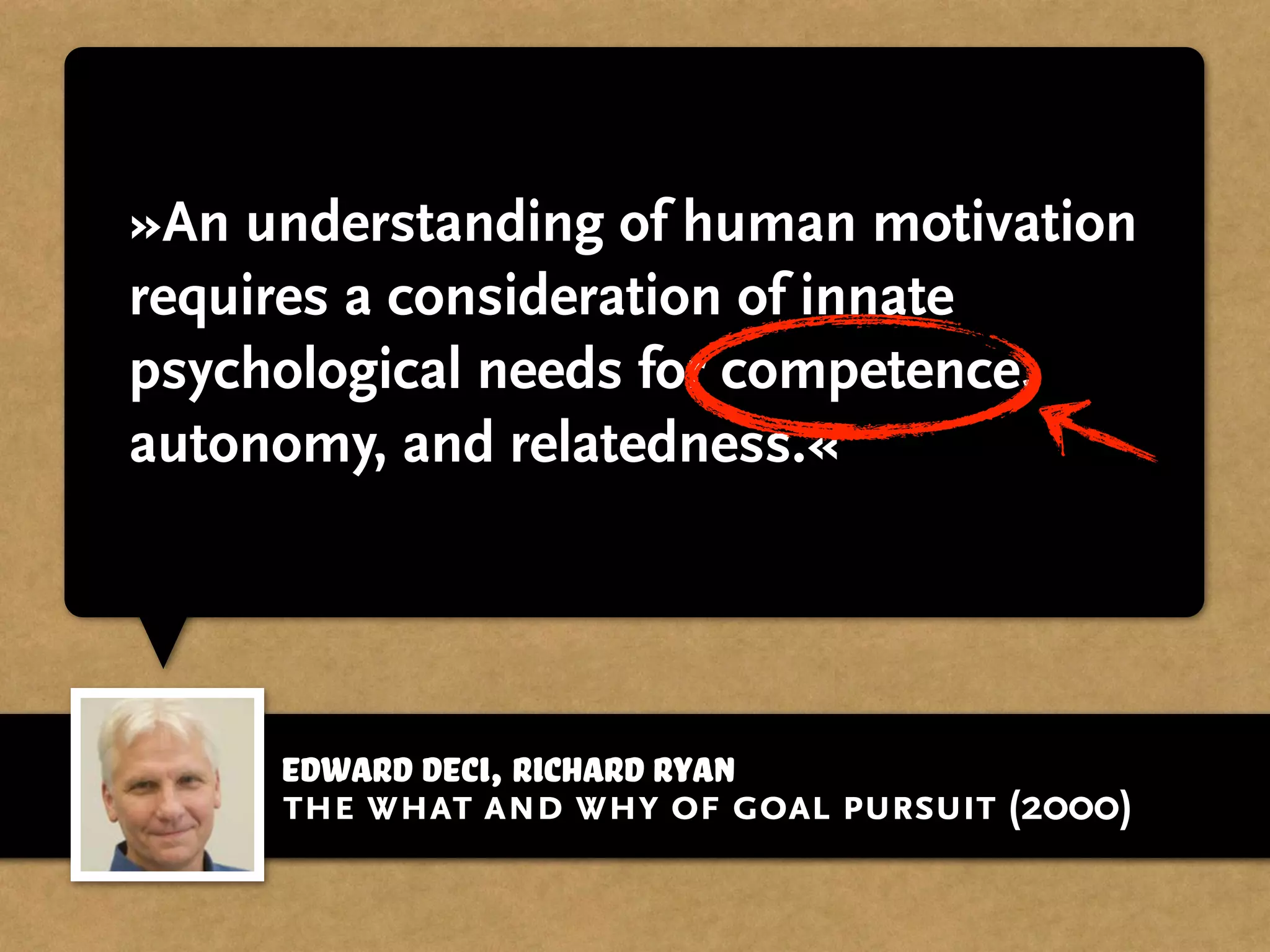 Edward Deci, Richard Ryan
»An understanding of human motivation
requires a consideration of innate
psychological needs for competence,
autonomy, and relatedness.«
the what and why of goal pursuit (2000)
 
