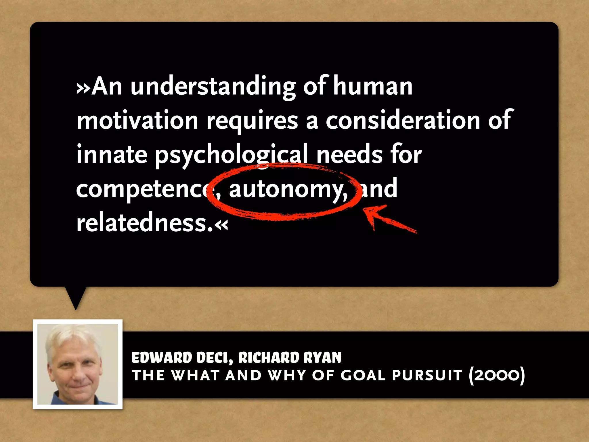 Edward Deci, Richard Ryan
»An understanding of human
motivation requires a consideration of
innate psychological needs for
competence, autonomy, and
relatedness.«
the what and why of goal pursuit (2000)
 