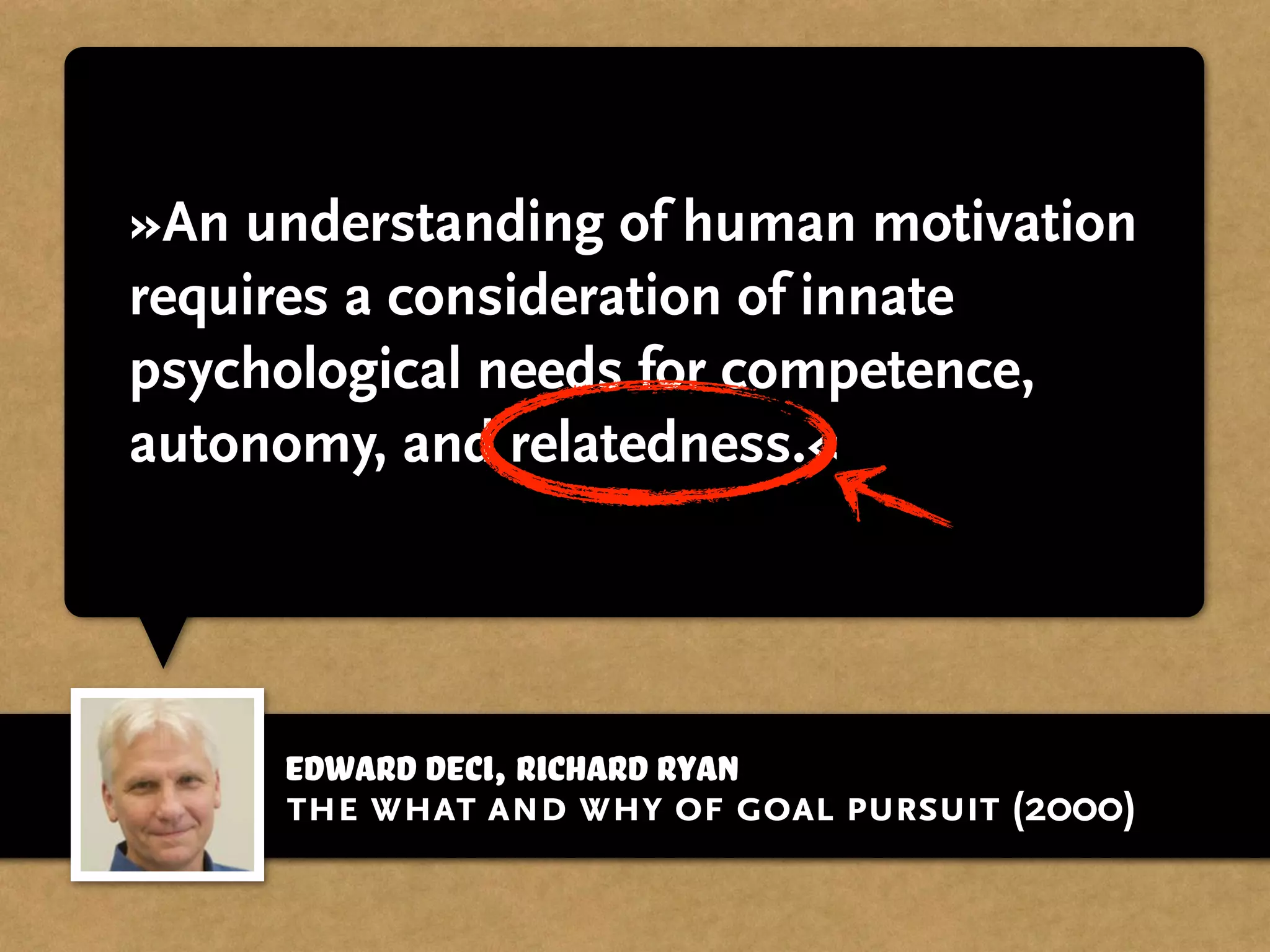 Edward Deci, Richard Ryan
»An understanding of human motivation
requires a consideration of innate
psychological needs for competence,
autonomy, and relatedness.«
the what and why of goal pursuit (2000)
 
