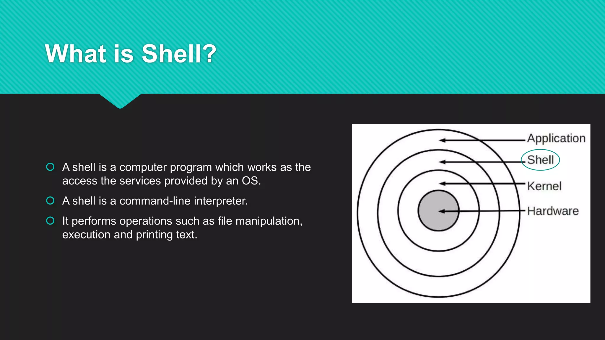 What is Shell?
 A shell is a computer program which works as the interface to
access the services provided by an OS.
 A shell is a command-line interpreter.
 It performs operations such as file manipulation, program
execution and printing text.
 