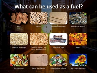 What can be used as a fuel?
Bark Wood Chipboards wastes Household wastes
Sawdust, shavings Chips (all conifers and
other wood species)
Industrial rags Leafs
Food wastes Paper, cardboard Polyethylene, plastic Agricultural wastes
 