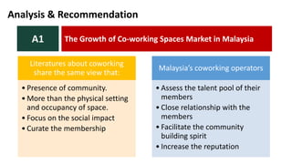 Literatures about coworking
share the same view that:
• Presence of community.
• More than the physical setting
and occupancy of space.
• Focus on the social impact
• Curate the membership
Malaysia’s coworking operators
• Assess the talent pool of their
members
• Close relationship with the
members
• Facilitate the community
building spirit
• Increase the reputation
The Growth of Co-working Spaces Market in MalaysiaA1
Analysis & Recommendation
 