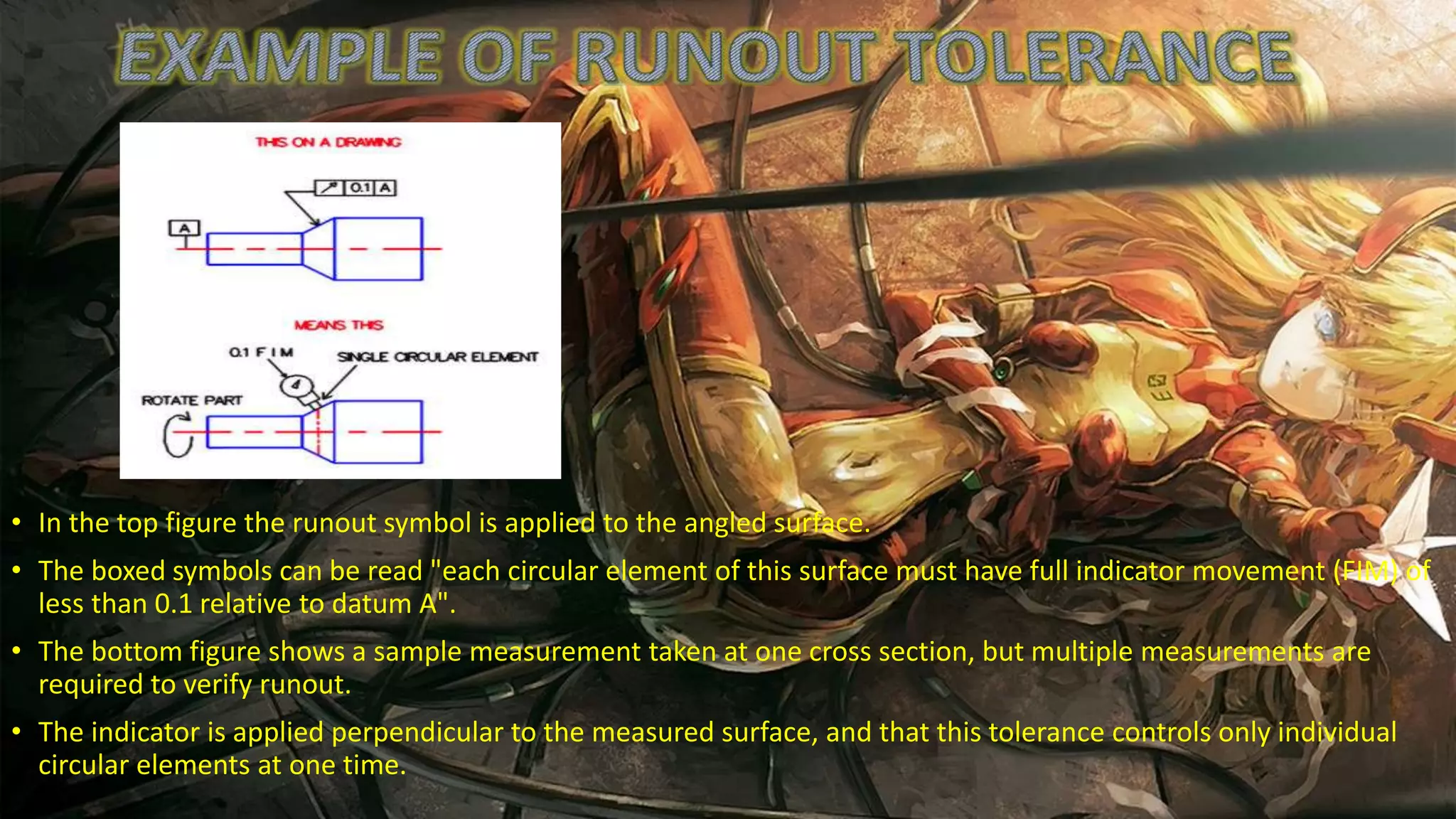 • In the top figure the runout symbol is applied to the angled surface.
• The boxed symbols can be read "each circular element of this surface must have full indicator movement (FIM) of
less than 0.1 relative to datum A".
• The bottom figure shows a sample measurement taken at one cross section, but multiple measurements are
required to verify runout.
• The indicator is applied perpendicular to the measured surface, and that this tolerance controls only individual
circular elements at one time.
 