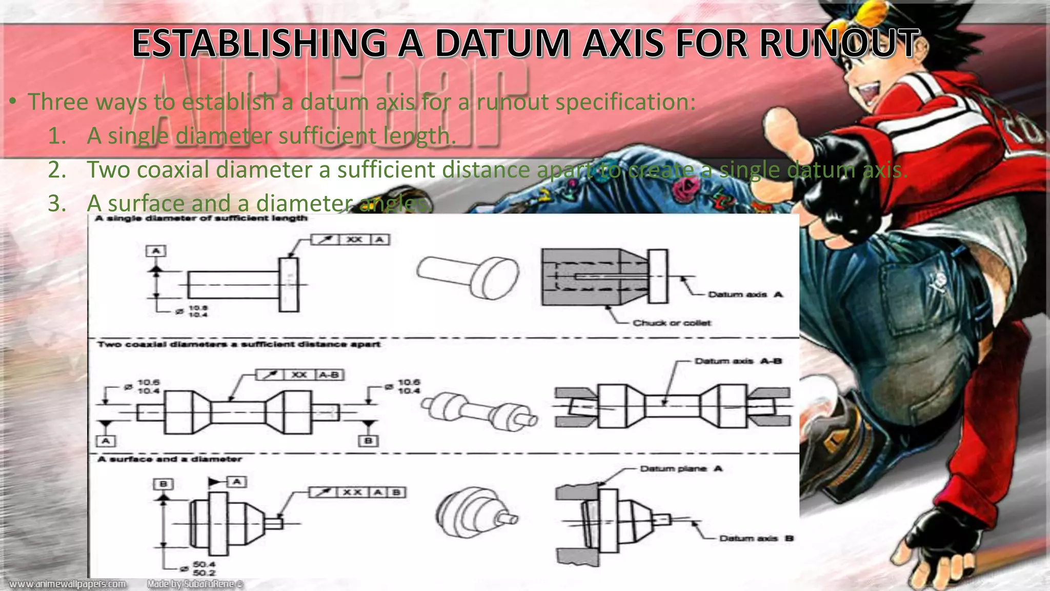 • Three ways to establish a datum axis for a runout specification:
1. A single diameter sufficient length.
2. Two coaxial diameter a sufficient distance apart to create a single datum axis.
3. A surface and a diameter angles.
 