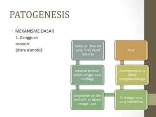 PATOGENESIS
• MEKANISME DASAR
1. Gangguan
osmotic
(diare osmotic)
 